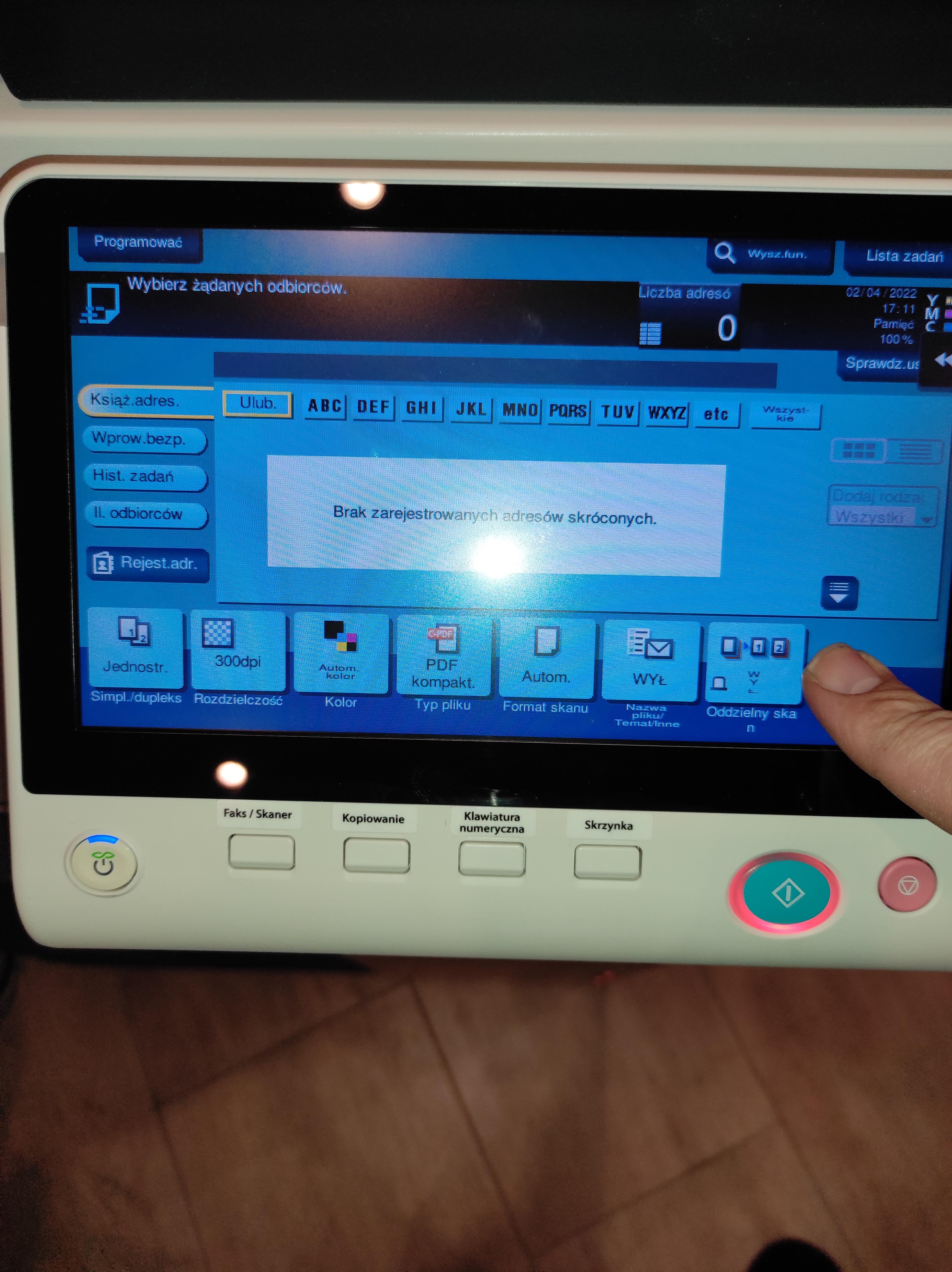 Konica Minolta c224e Jak dodać skrót Odzielny skan do panelu w skanerze