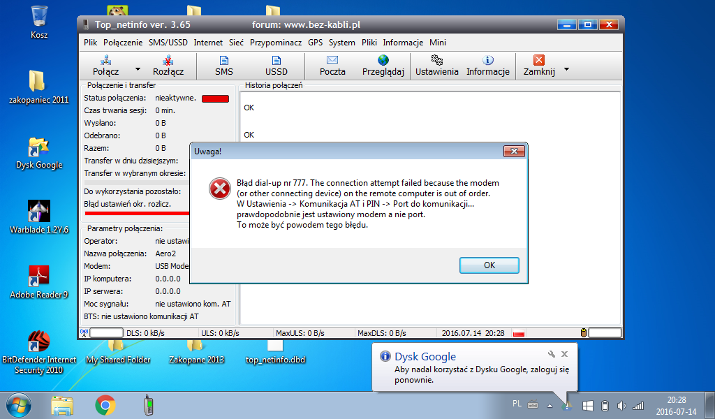 Aero dialup error 777, brak połączenia elektroda.pl