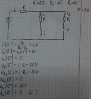 Obliczanie napięć i prądów w chwili t=0- oraz t=0+ w obwodzie z E=30V, R=20, R1=10, R2=40
