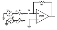 Op-amp Differentiator: Why Does V2 (16kHz, 100mV) Not Appear at Output A?